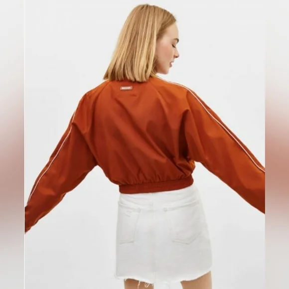 Bershka Orange Zipper Crop Jacket White Stripe Sz L Preppy Revival Tenniscore - Picture 10 of 13